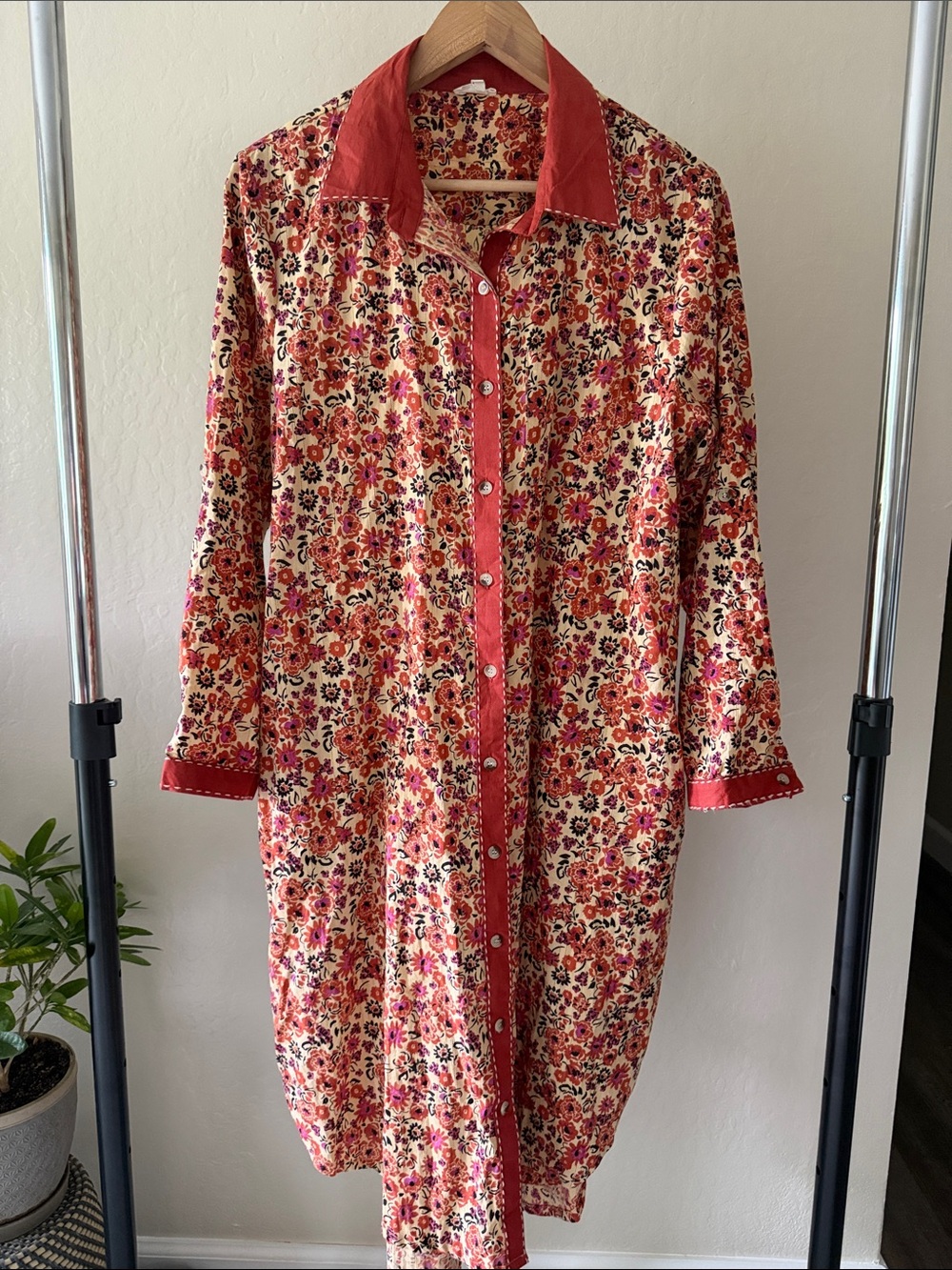 Boheme Spain Floral Shirt Dress Button Down Tunics Boho Free Size